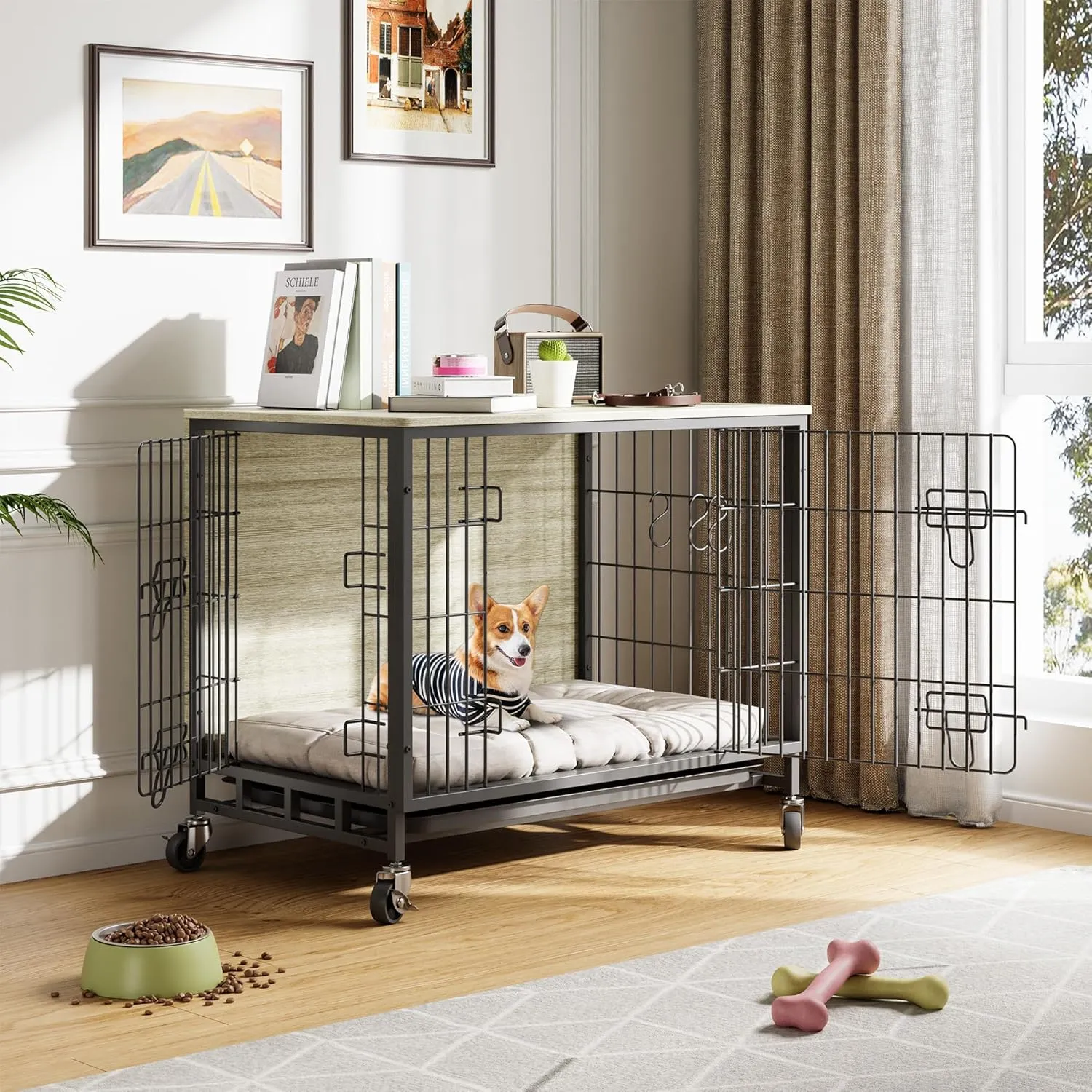 2024 New Dog Crate Furniture, 32.5" Medium-Sized Dog Crate with Dual Access, Interior Style Boost, Seamless Cleaning, Robust & Mobile Design for The Modern Pet, Rustic Gray