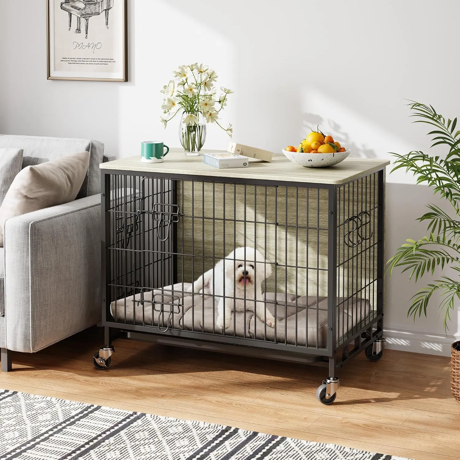 2024 New Dog Crate Furniture, 32.5" Medium-Sized Dog Crate with Dual Access, Interior Style Boost, Seamless Cleaning, Robust & Mobile Design for The Modern Pet, Rustic Gray