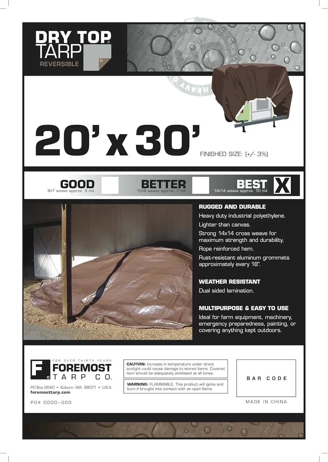 20x30 Multi-Purpose Silver/Brown Heavy Duty DRY TOP Poly Tarp (20'x30')