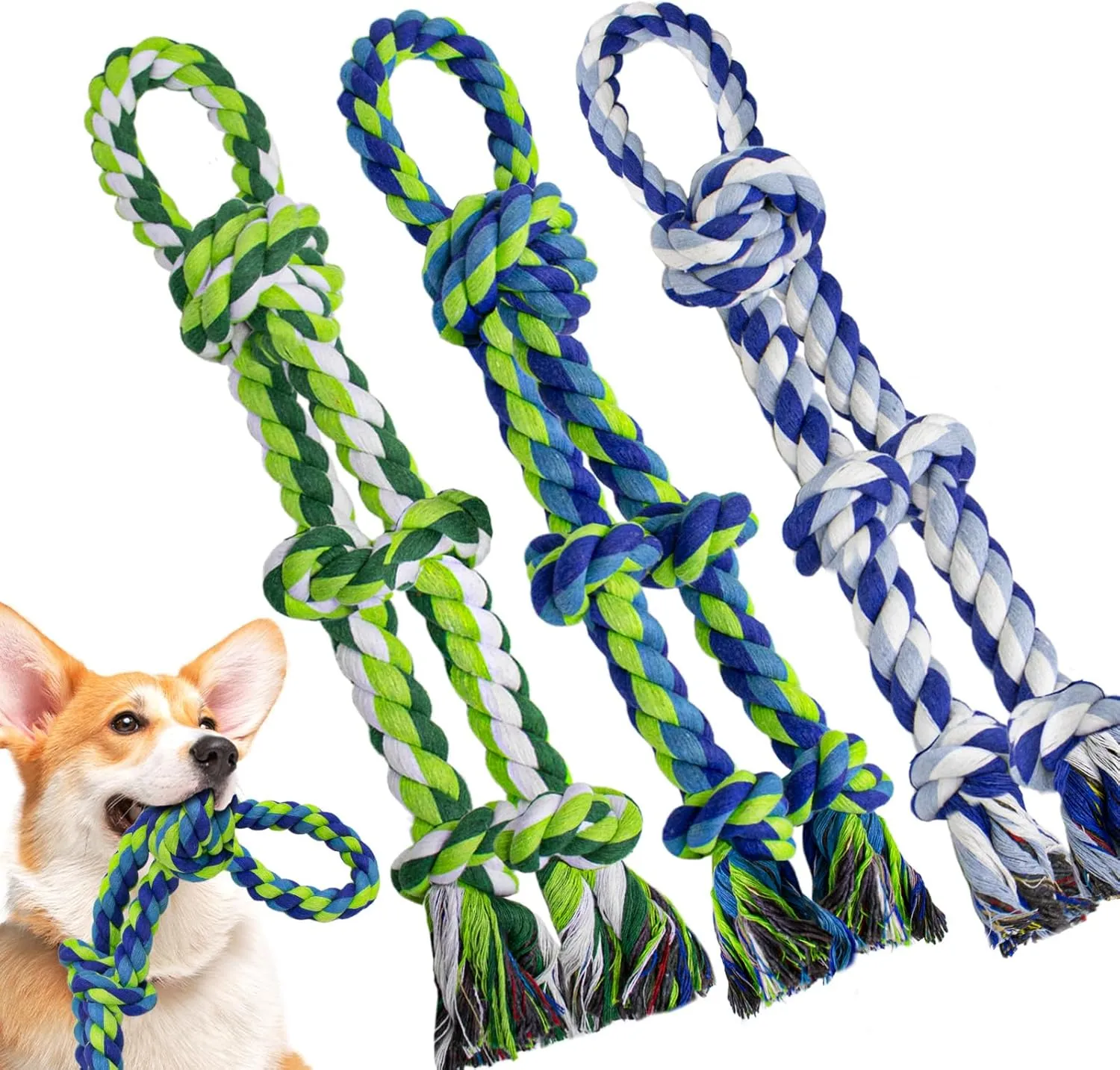 [3 Pack] Dog Rope Toys for Aggressive Chewers, Nearly Indestructible Rope Chew Toys for Large, Medium & Small Dogs, Heavy Duty 100% Cotton Tug of War Dog Toy for Boredom, Teeth Cleaning