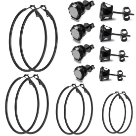 8 Pairs Stud Earrings Hoop Earrings Set for Women Girls, Gold Plated Silver Black Stainless Steel Hoops Women's Earrings Loop Earrings 3-6mm Studs Earrings Cubic Zirconia CZ Earrings 8Pairs Black Plated