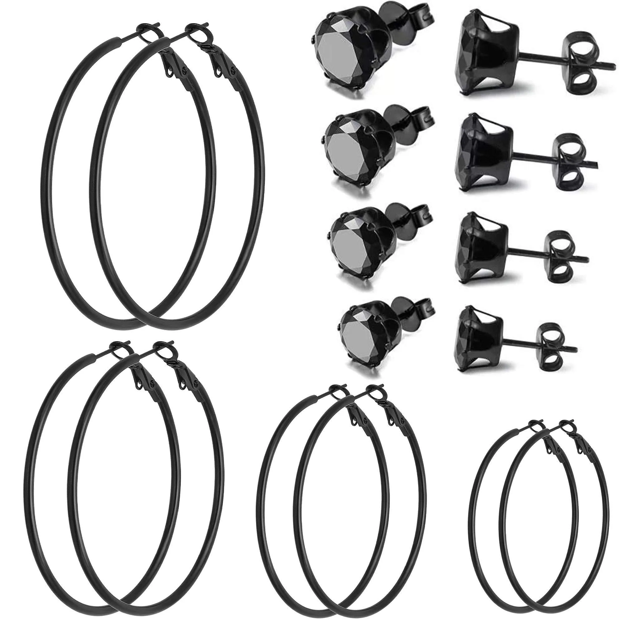 8 Pairs Stud Earrings Hoop Earrings Set for Women Girls, Gold Plated Silver Black Stainless Steel Hoops Women's Earrings Loop Earrings 3-6mm Studs Earrings Cubic Zirconia CZ Earrings 8Pairs Black Plated