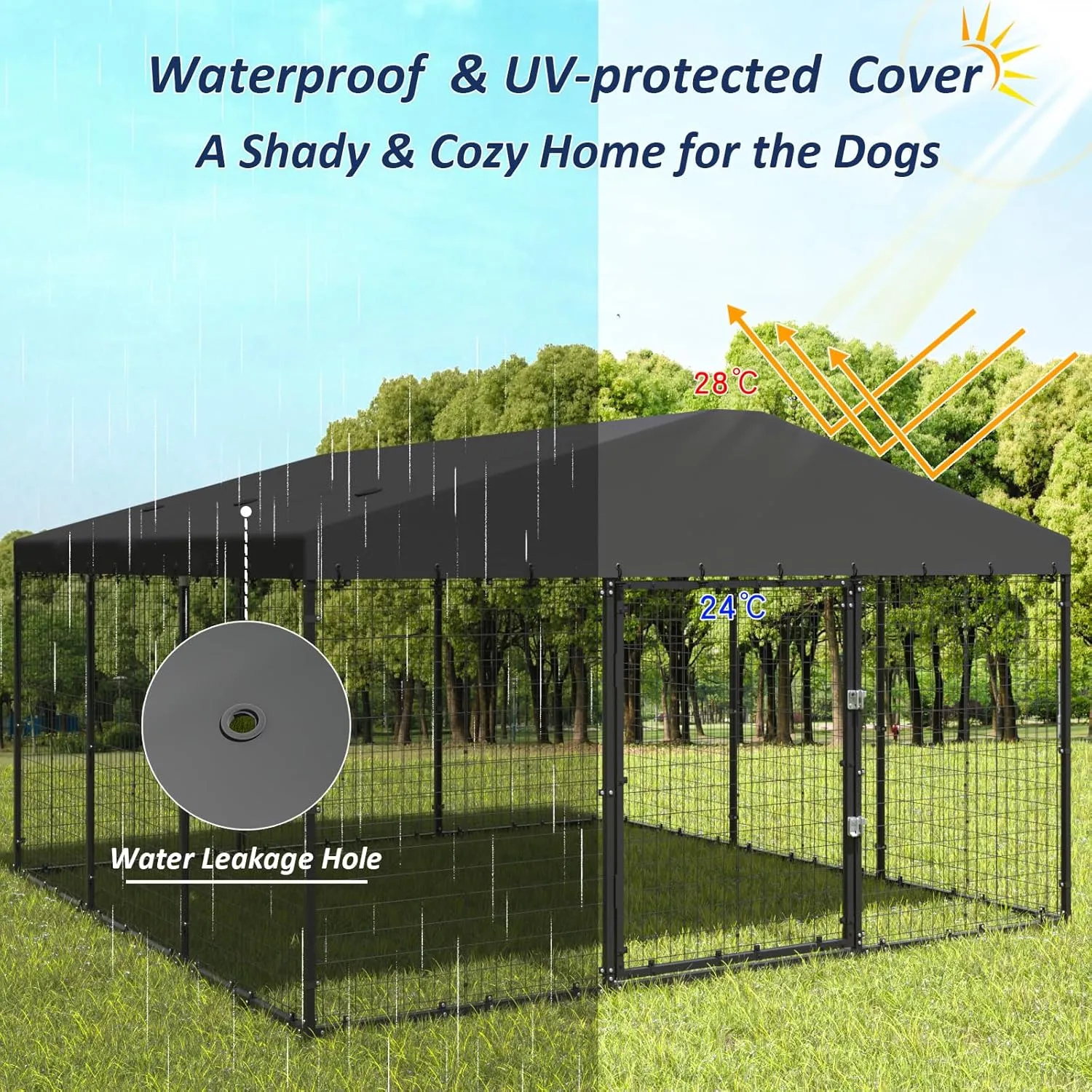 ALAULM 10'x10' Large Outdoor Dog Kennel with Waterproof Roof Cover, Heavy Duty Dog Enclosures w/Upgraded Metal Grid and Door Locks for Large Dogs
