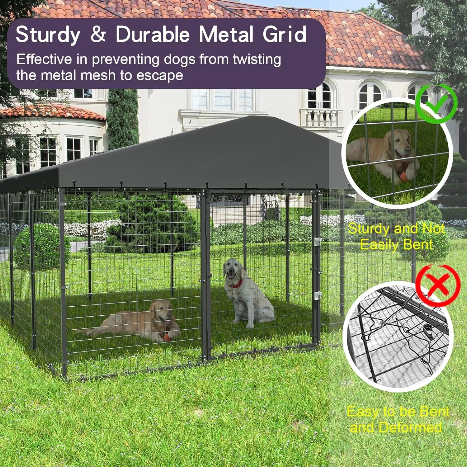 ALAULM 10'x10' Large Outdoor Dog Kennel with Waterproof Roof Cover, Heavy Duty Dog Enclosures w/Upgraded Metal Grid and Door Locks for Large Dogs