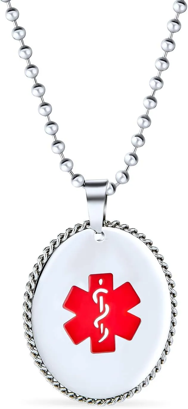 Bling Jewelry Personalize Customizable Medical Id Dog Oval Rope Edge Tag Pendant Engravable Necklace For Women Stainless Steel