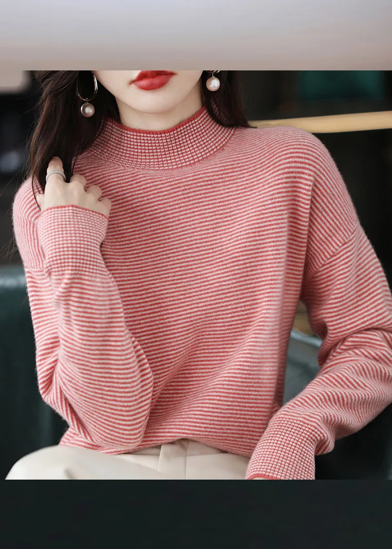 Casual Black Turtleneck Striped Patchwork Woolen Knit Top Long Sleeve LY9883