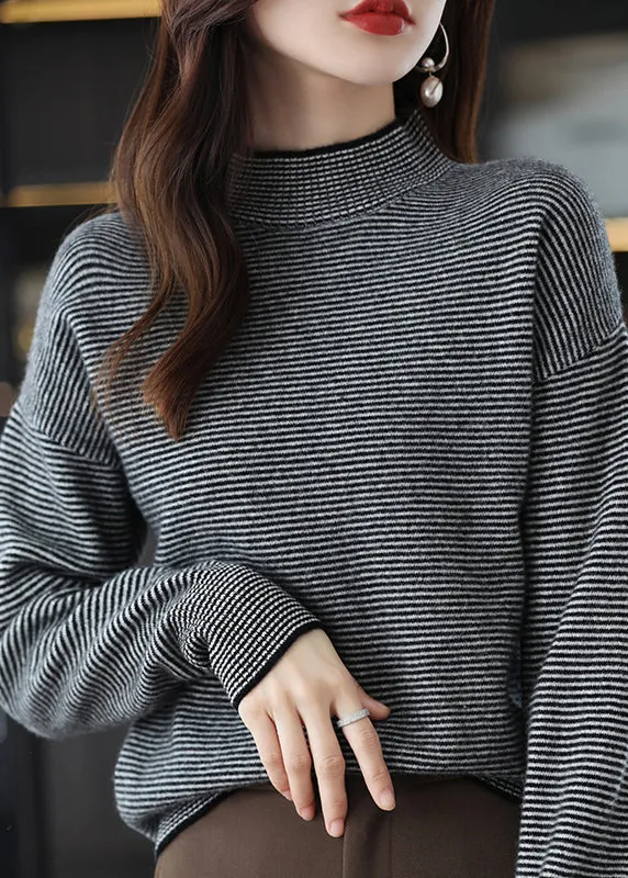 Casual Black Turtleneck Striped Patchwork Woolen Knit Top Long Sleeve LY9883