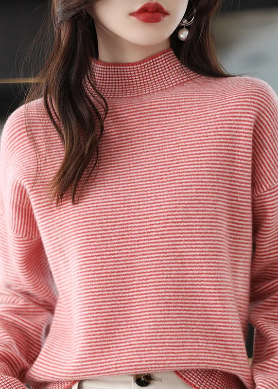 Casual Black Turtleneck Striped Patchwork Woolen Knit Top Long Sleeve LY9883