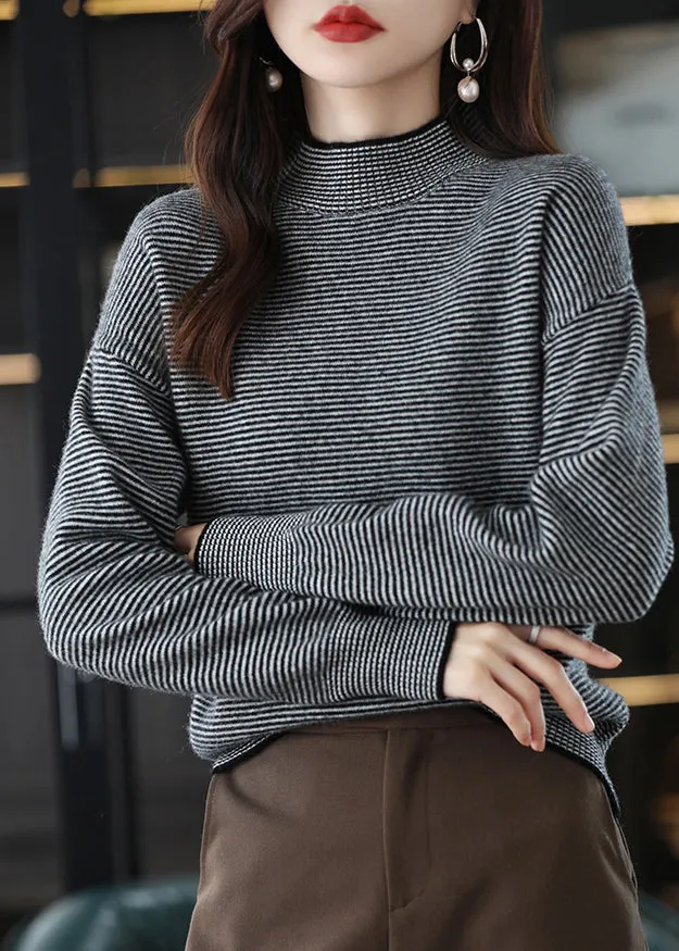 Casual Black Turtleneck Striped Patchwork Woolen Knit Top Long Sleeve LY9883