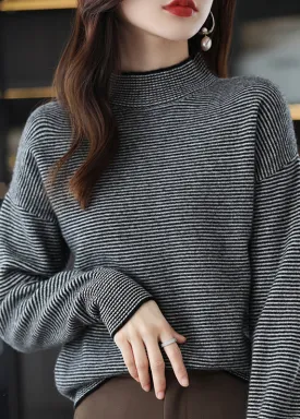 Casual Black Turtleneck Striped Patchwork Woolen Knit Top Long Sleeve LY9883