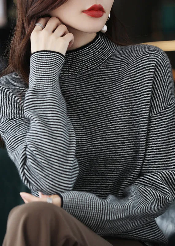 Casual Black Turtleneck Striped Patchwork Woolen Knit Top Long Sleeve LY9883