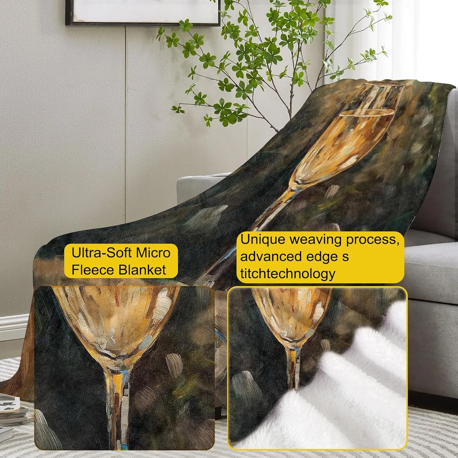 Champagne Glass Throw Blanket Gifts, Soft Cozy Fleece Blanket with Elegant Wine Glass Print, Lightweight Warm Blanket for Couch Bed Sofa, Perfect for Wine Lovers and Home Decor, 50x60 in