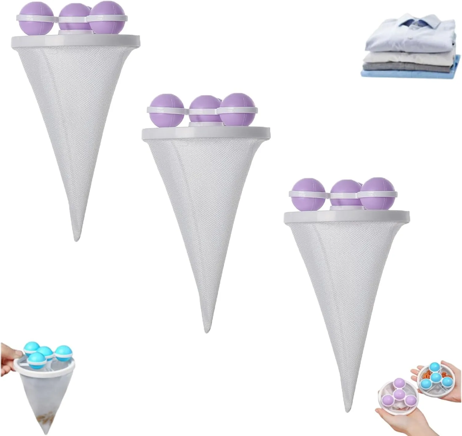 Cozycache Lint Catcher, Cozycache Floating Lints Hair Catchers Ball, Floating Lint Hairs Catcher Ball, Laundry Lints Hairs Remover, Washer Cleaning Mesh Bag for Dog Cat (3-Piece Purple)