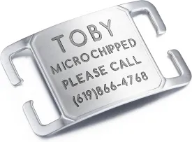 Deep Laser Custom Font Engraved Slide-On Pet ID Name Tags for Dogs & Cats, Customized Silent, No Noise Collar Tags, Hand-Brushed Stainless Steel, 5 Lines of Personalized Text - Large