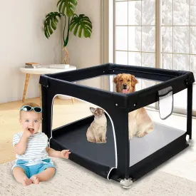 Dog Playpen, 35.5x35.5x24.5 Inches Foldable Portable Puppy Playpen with Gate, High-Strength Breathable Fabric Mesh,Dog Fence with Nylon Wire Mesh, Pet Fence Cage for Indoor Outdoor