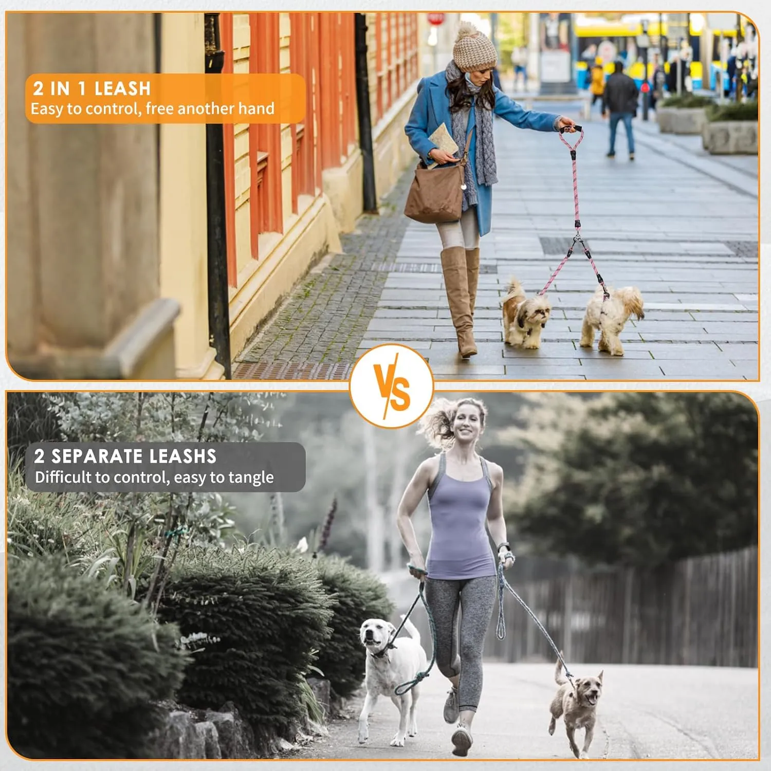 Double Dog Leash, Dual Dog Leash, 360 Swivel No Tangle Walking Training Two Dog Leash, Comfortable Shock Absorbing Climbing Reflective Leash for Small Medium and Large Dogs