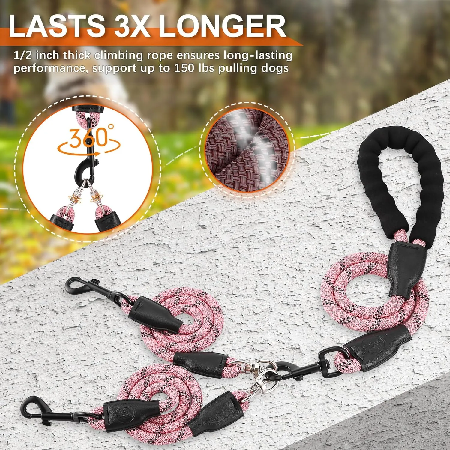 Double Dog Leash, Dual Dog Leash, 360 Swivel No Tangle Walking Training Two Dog Leash, Comfortable Shock Absorbing Climbing Reflective Leash for Small Medium and Large Dogs