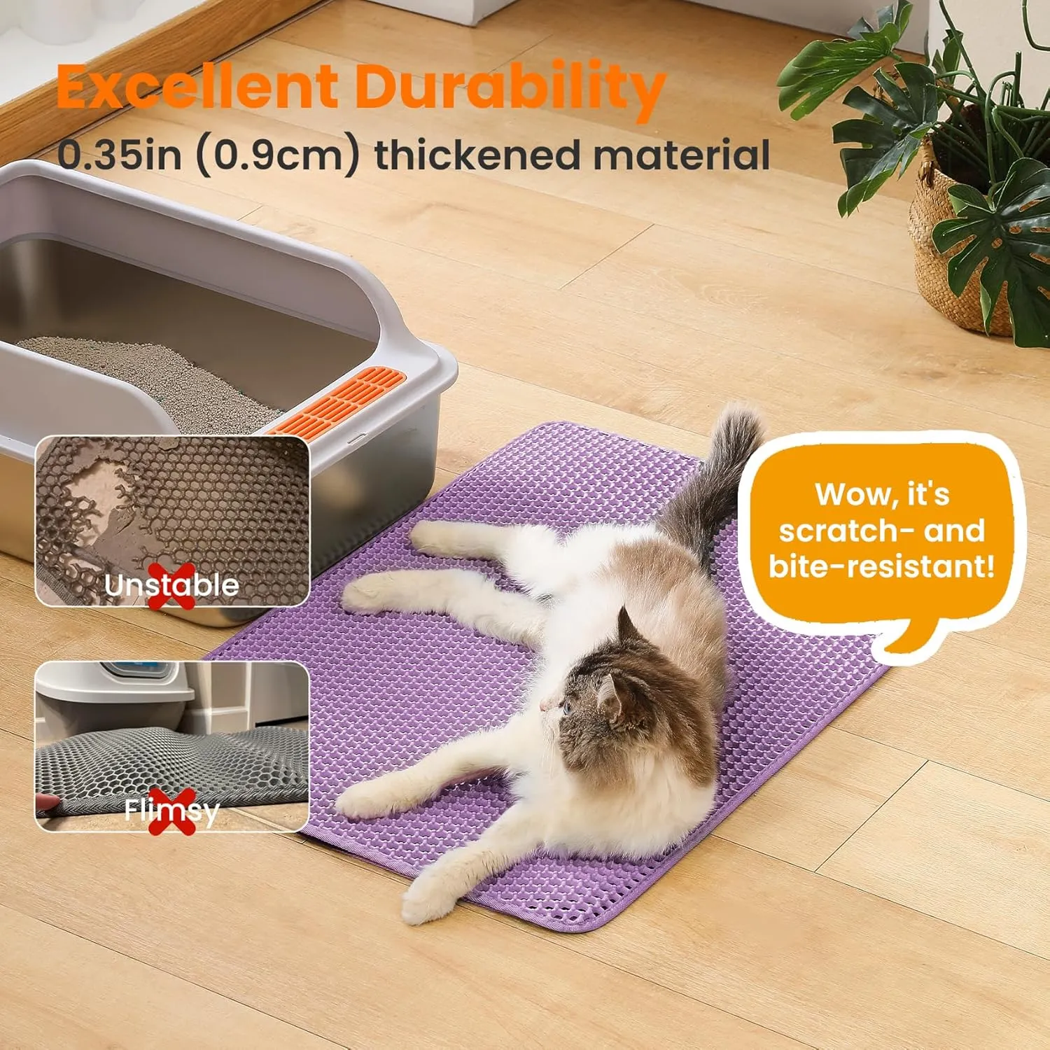 Extra Large Cat Litter Mat, 30x22 Inches Honeycomb Double Layer Cat Litter Trapping Mat, Non Slip Waterproof Urine Proof Large Kitty Litter Box Mat for Floor, Kitten Supplies, XL, Purple