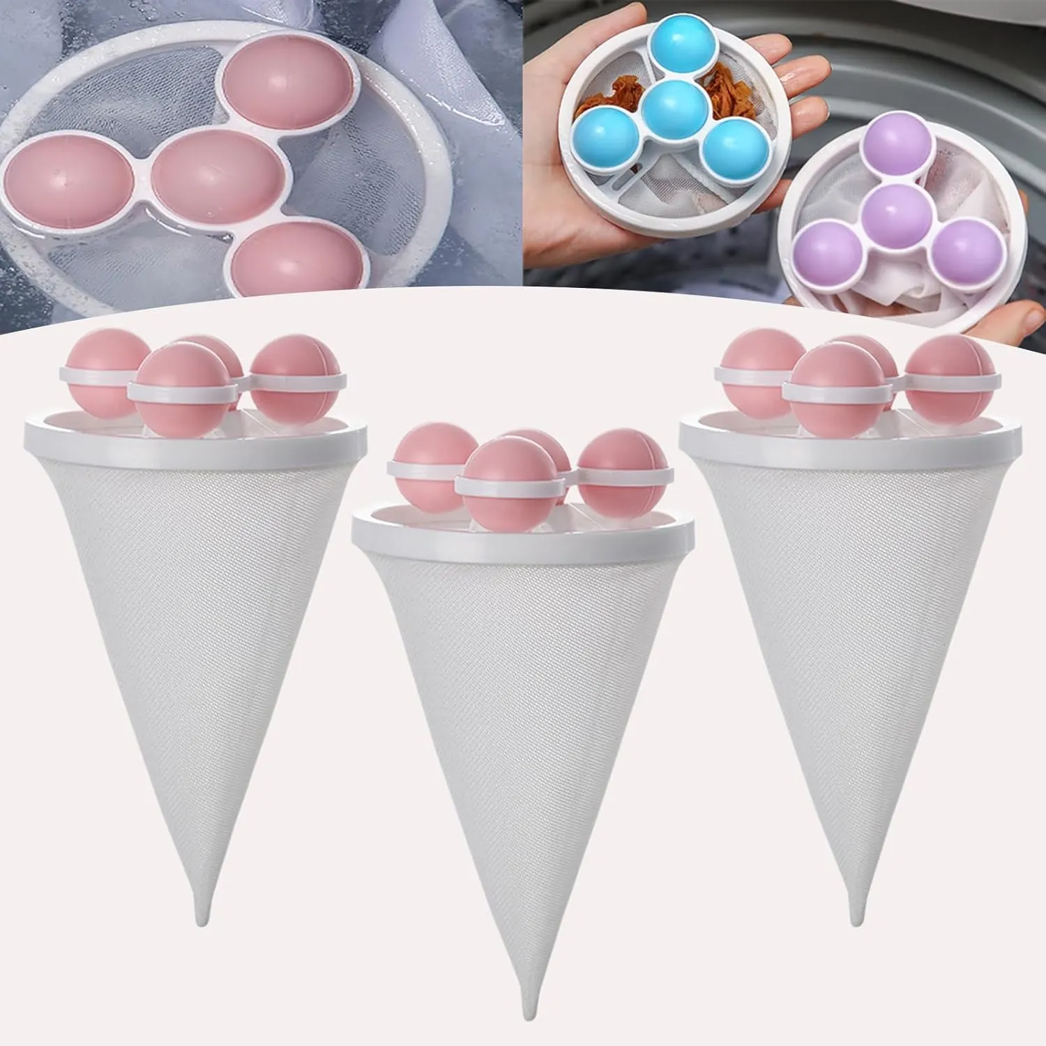 Floating Hair Filtering Mesh Removal, Lint Catcher for Washing Machine, Reusable Washing Machine Hair Filter Cleaning Mesh Bag for Laundry Washing Machine (3PCS Pink)