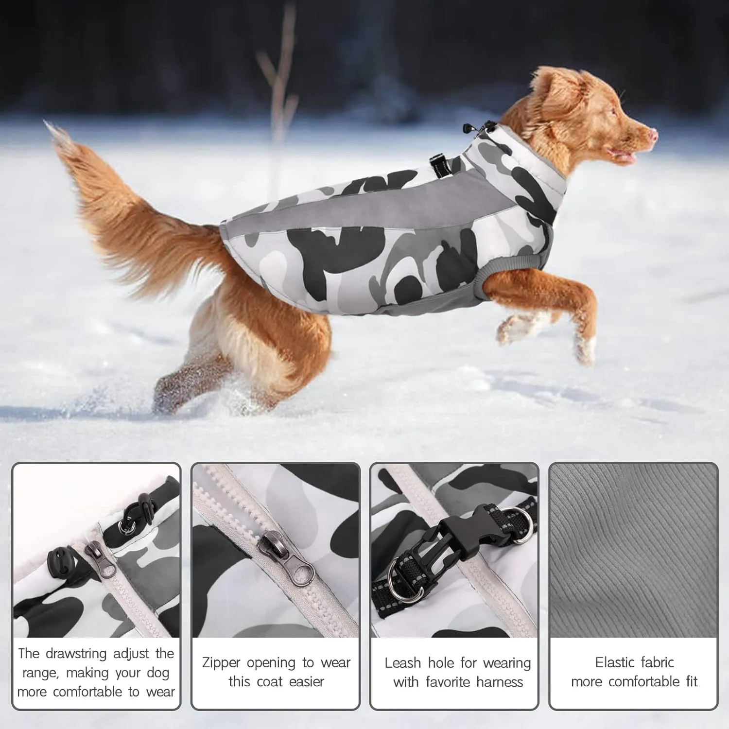 FUAMEY Warm Dog Jacket, Winter Coat with Harness, Waterproof Windproof Snow Jacket, Grey L, Sizes S, M, L