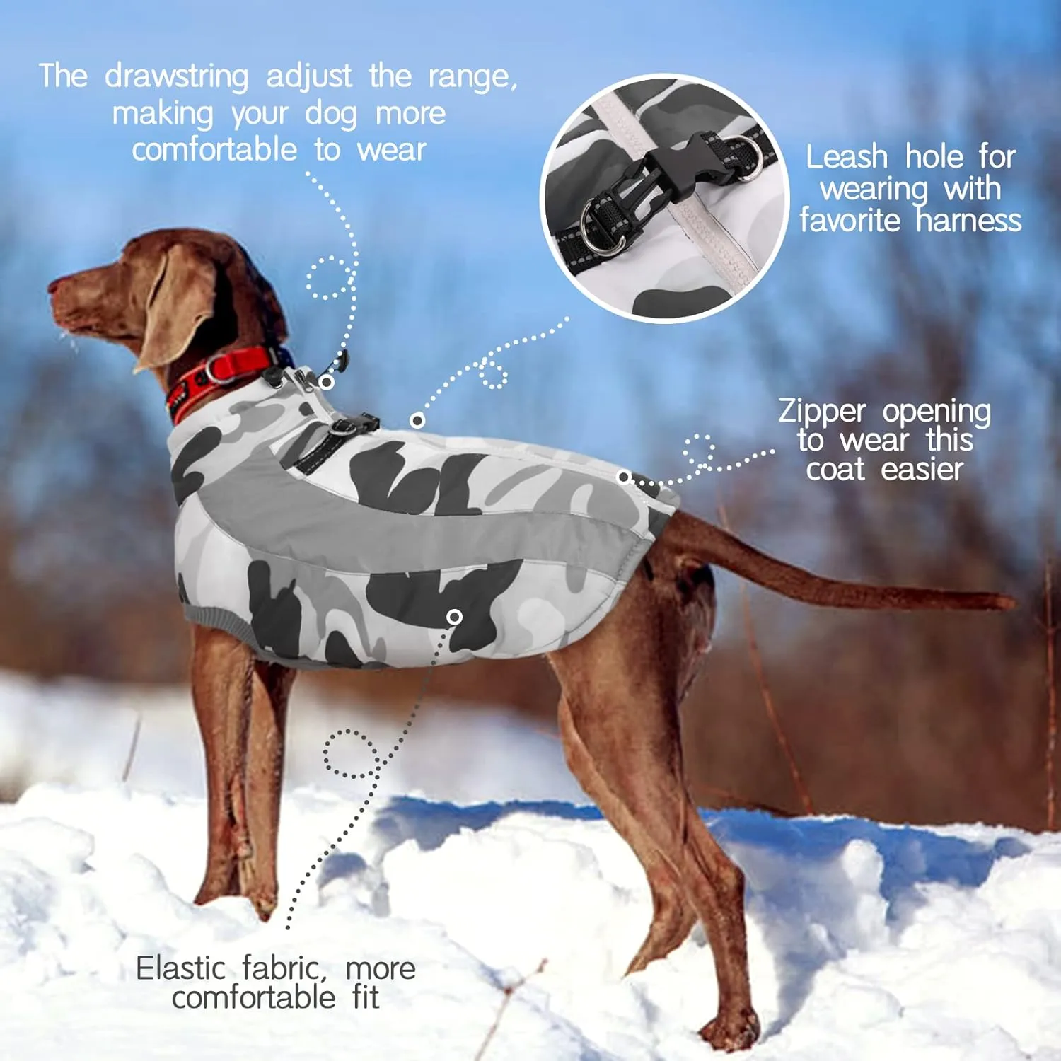 FUAMEY Warm Dog Jacket, Winter Coat with Harness, Waterproof Windproof Snow Jacket, Grey L, Sizes S, M, L