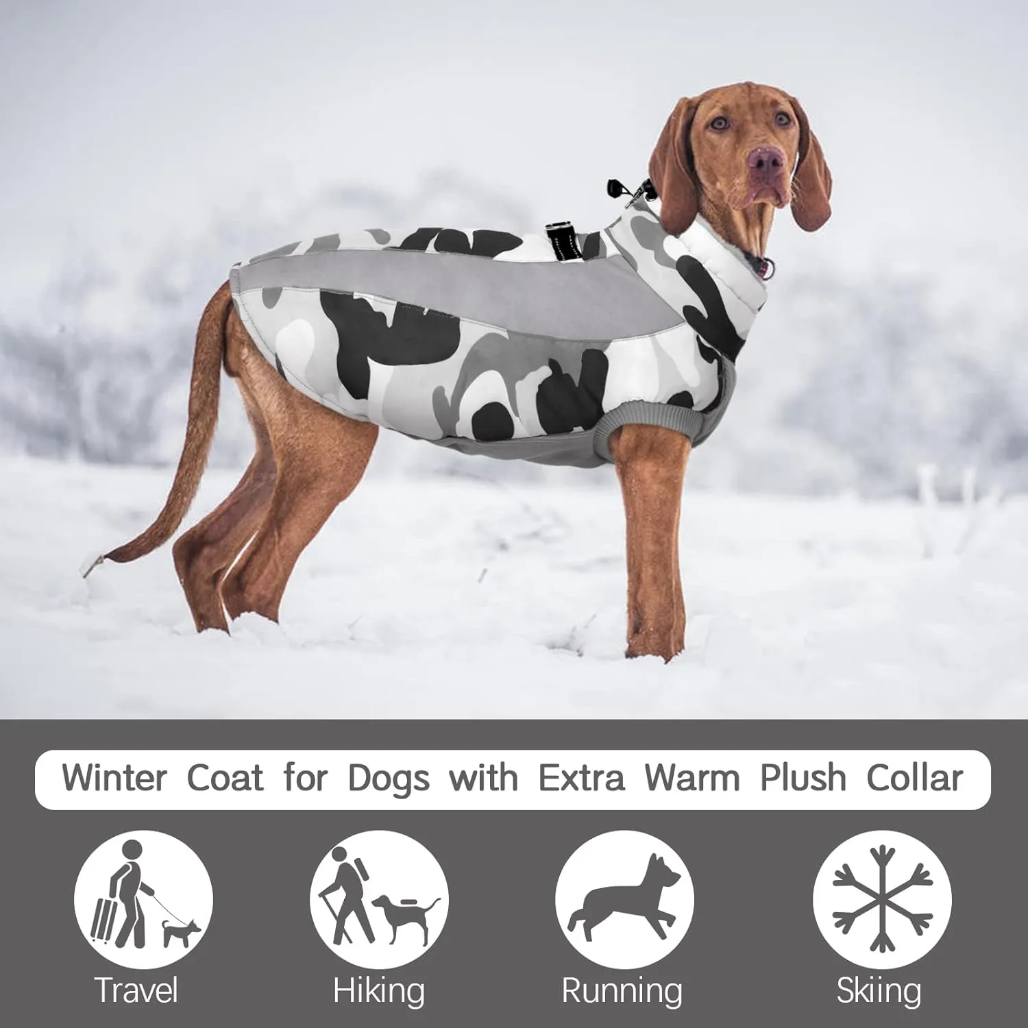 FUAMEY Warm Dog Jacket, Winter Coat with Harness, Waterproof Windproof Snow Jacket, Grey L, Sizes S, M, L