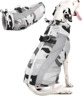 FUAMEY Warm Dog Jacket, Winter Coat with Harness, Waterproof Windproof Snow Jacket, Grey L, Sizes S, M, L