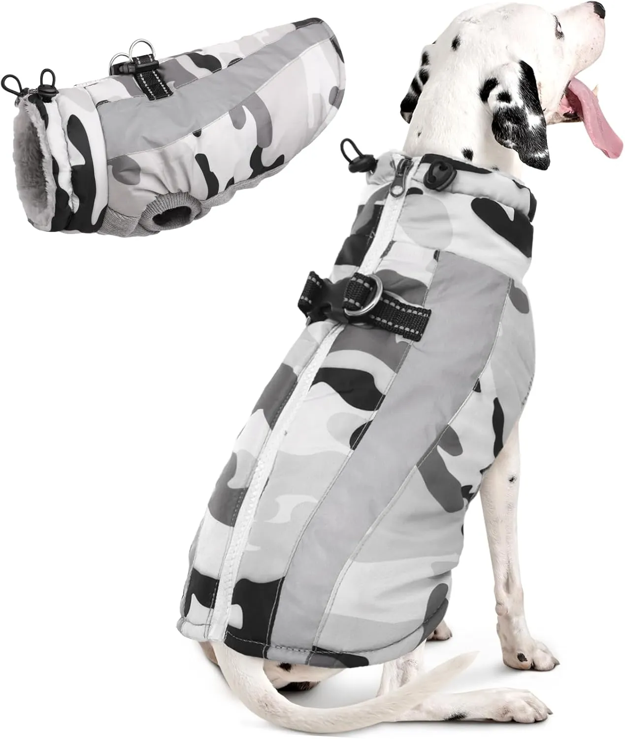 FUAMEY Warm Dog Jacket, Winter Coat with Harness, Waterproof Windproof Snow Jacket, Grey L, Sizes S, M, L