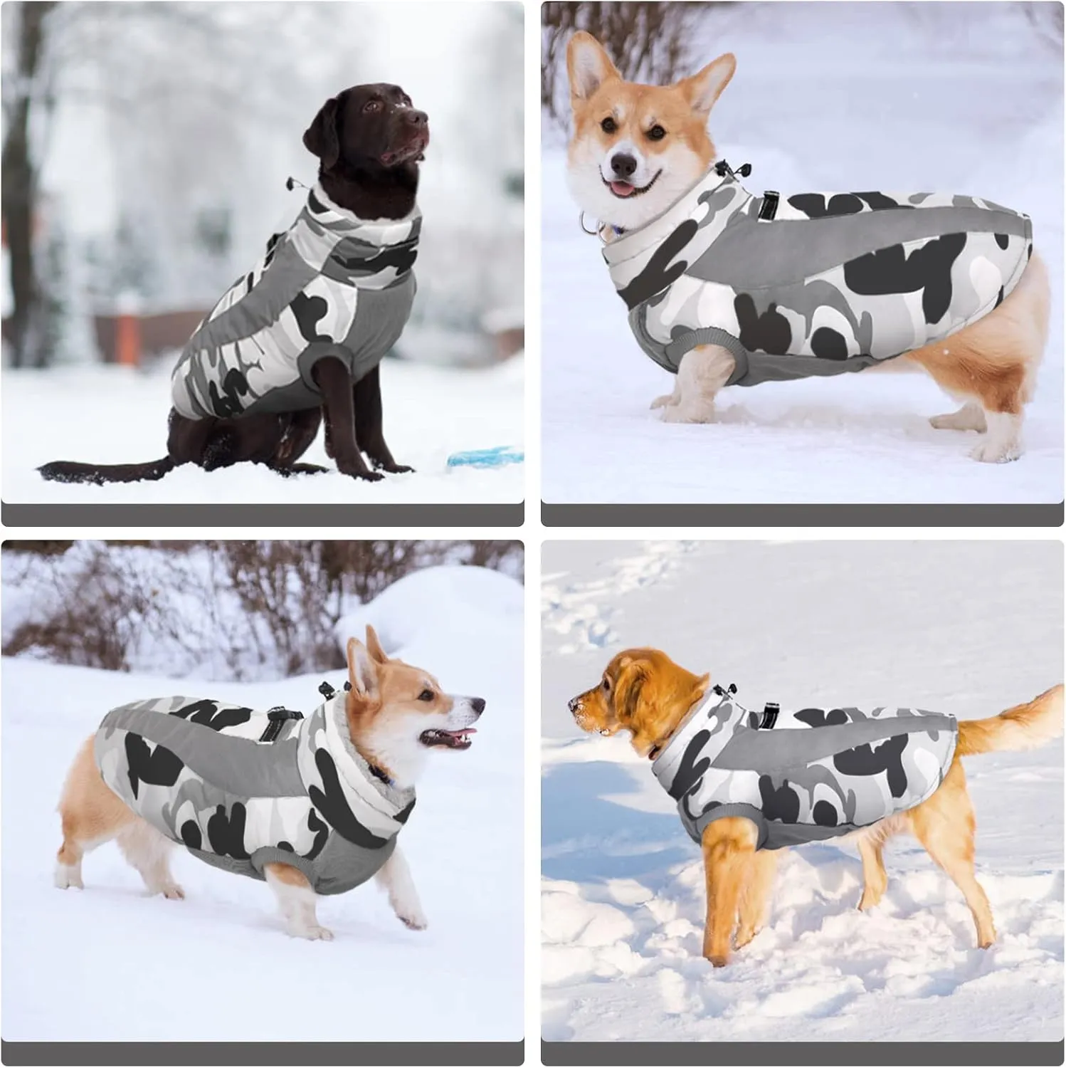 FUAMEY Warm Dog Jacket, Winter Coat with Harness, Waterproof Windproof Snow Jacket, Grey L, Sizes S, M, L