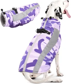 FUAMEY Warm Dog Jacket, Winter Coat with Harness, Waterproof Windproof Snow Jacket, Purple, S-M-L