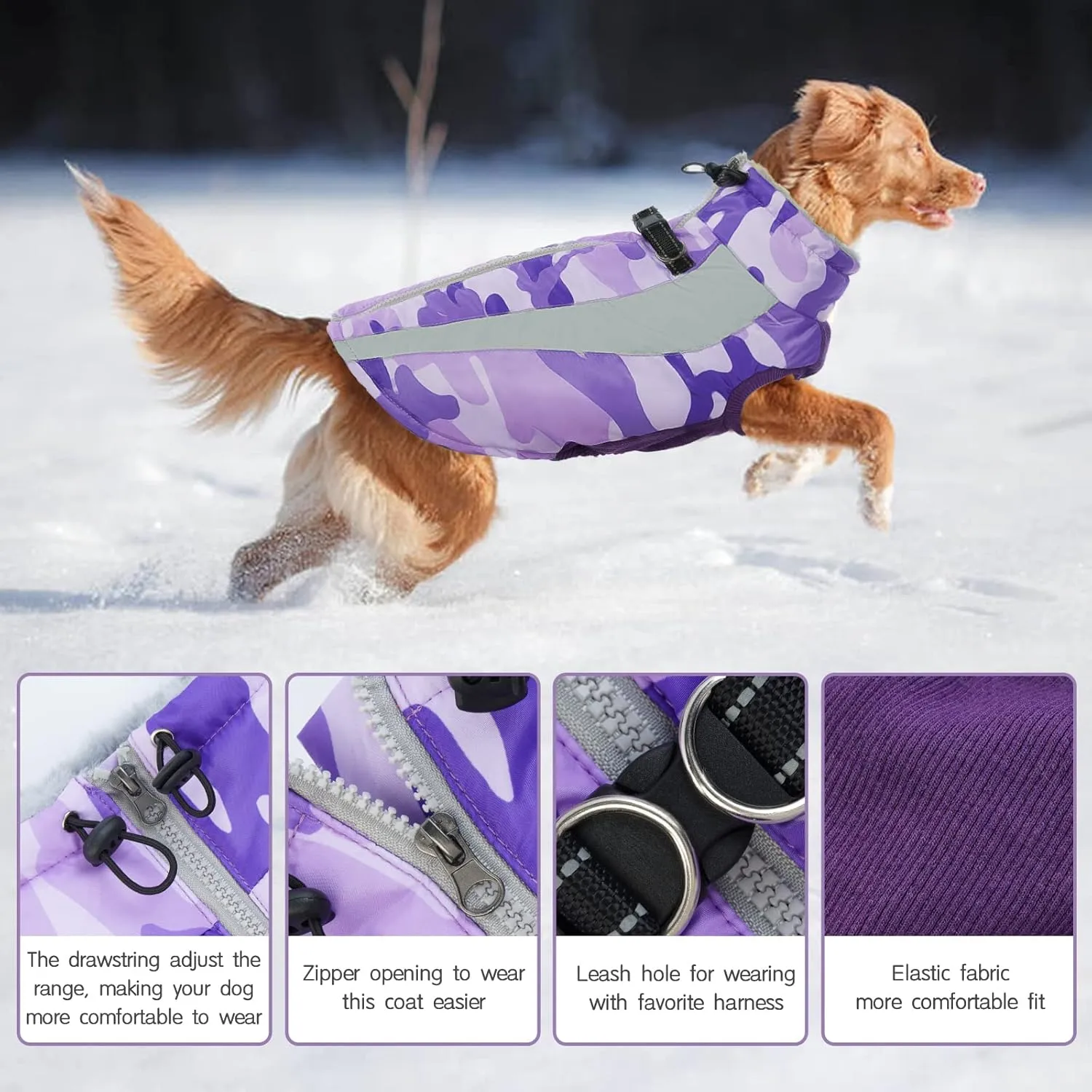 FUAMEY Warm Dog Jacket, Winter Coat with Harness, Waterproof Windproof Snow Jacket, Purple, S-M-L
