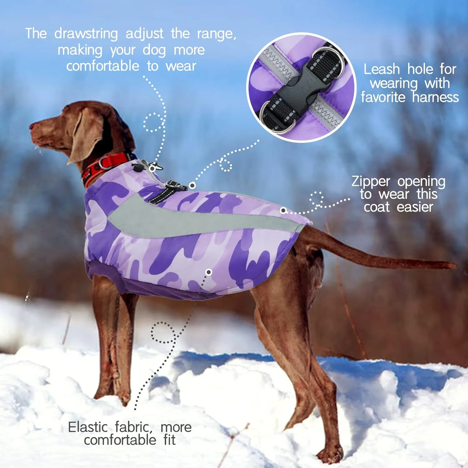 FUAMEY Warm Dog Jacket, Winter Coat with Harness, Waterproof Windproof Snow Jacket, Purple, S-M-L