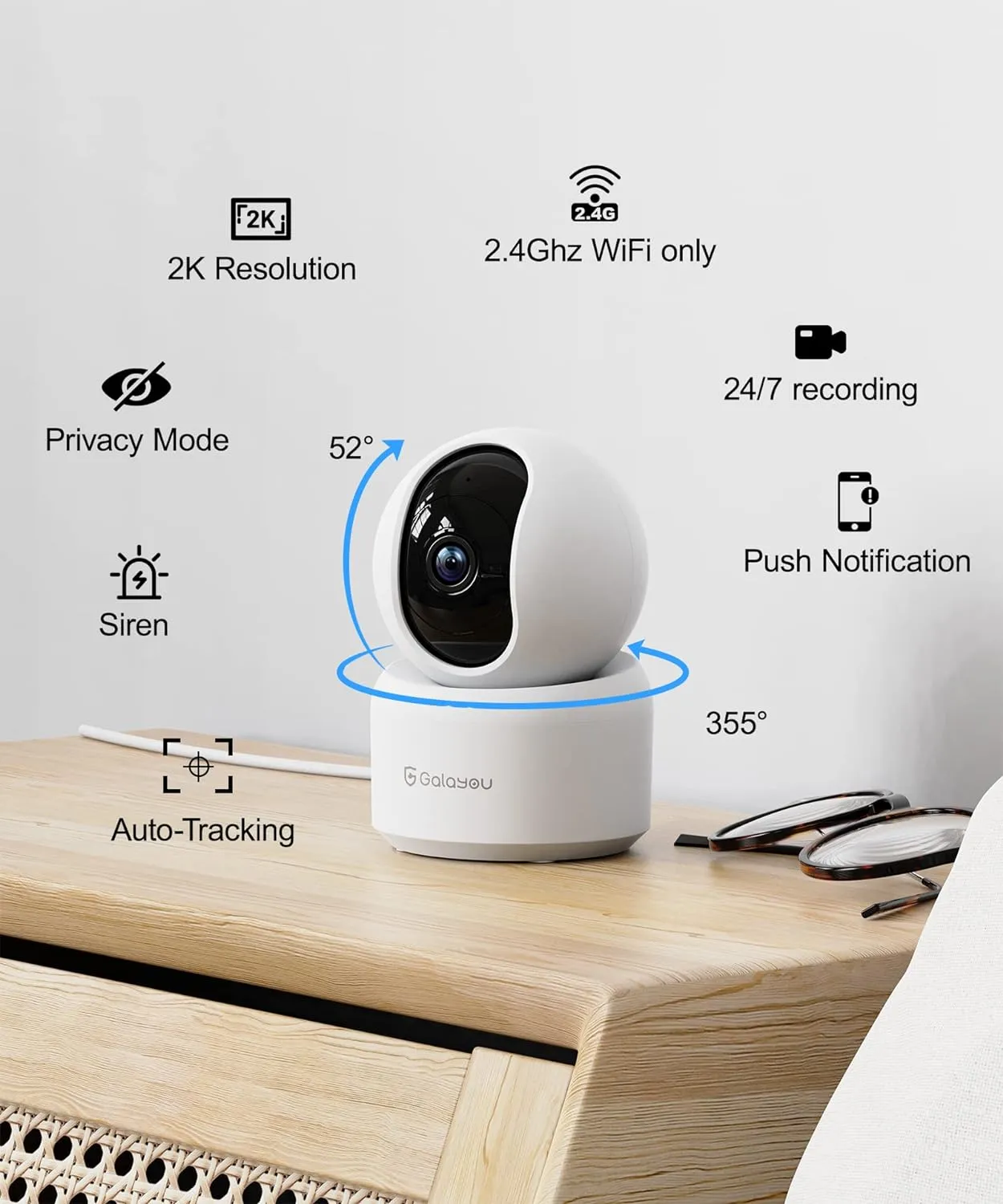 GALAYOU Indoor Security Camera 2K, 360 Degree 2.4G WiFi Home Security for Baby/Pet/Elder/Nanny with Night Vision, 24/7 SD Card Storage, Works with Alexa and Google Assistant G2-2Pack