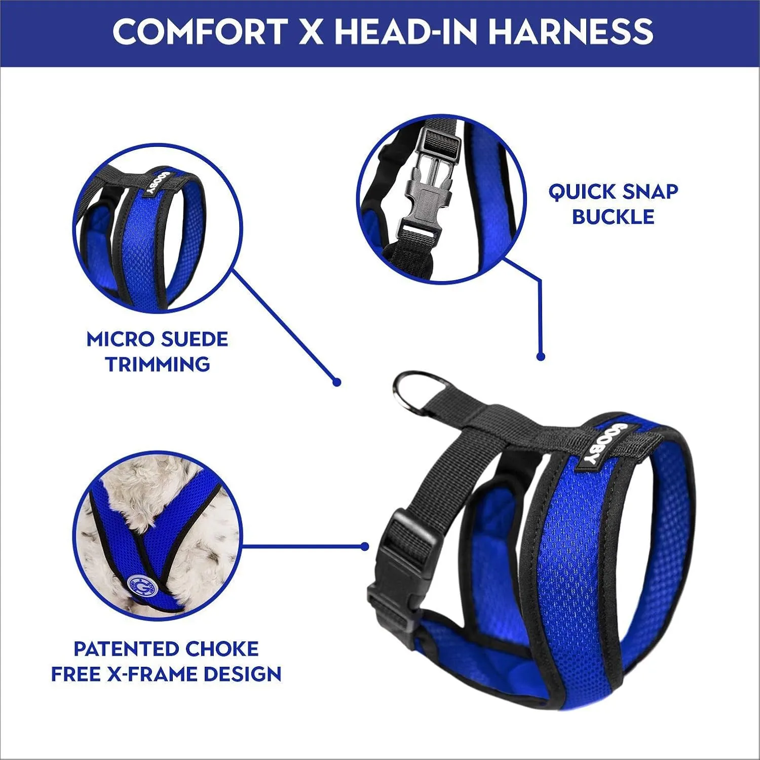 Gooby Comfort X Head In Harness - Blue, Medium - No Pull Small Dog Harness, Patented Choke-Free X Frame - Perfect on the Go Dog Harness for Medium Dogs No Pull or Small Dogs for Indoor and Outdoor Use