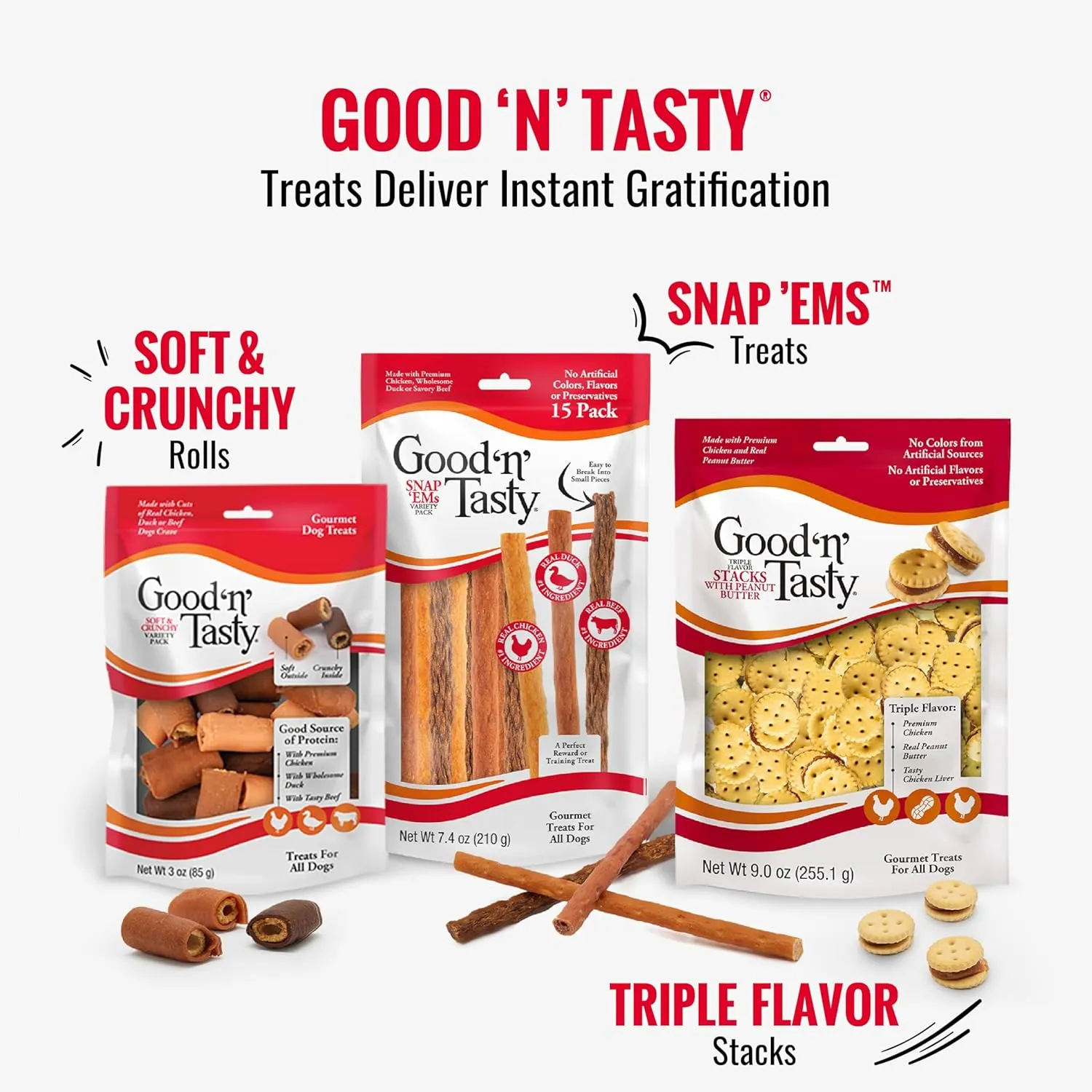 Good 'n' Tasty Triple Flavor Puree Mix-Ins Dog Food Topper Treats for All Dogs, 28 Count, Easy Single-Serve Portions, Added Protein with Salmon, Tuna and Krill, No Chicken or Beef Added