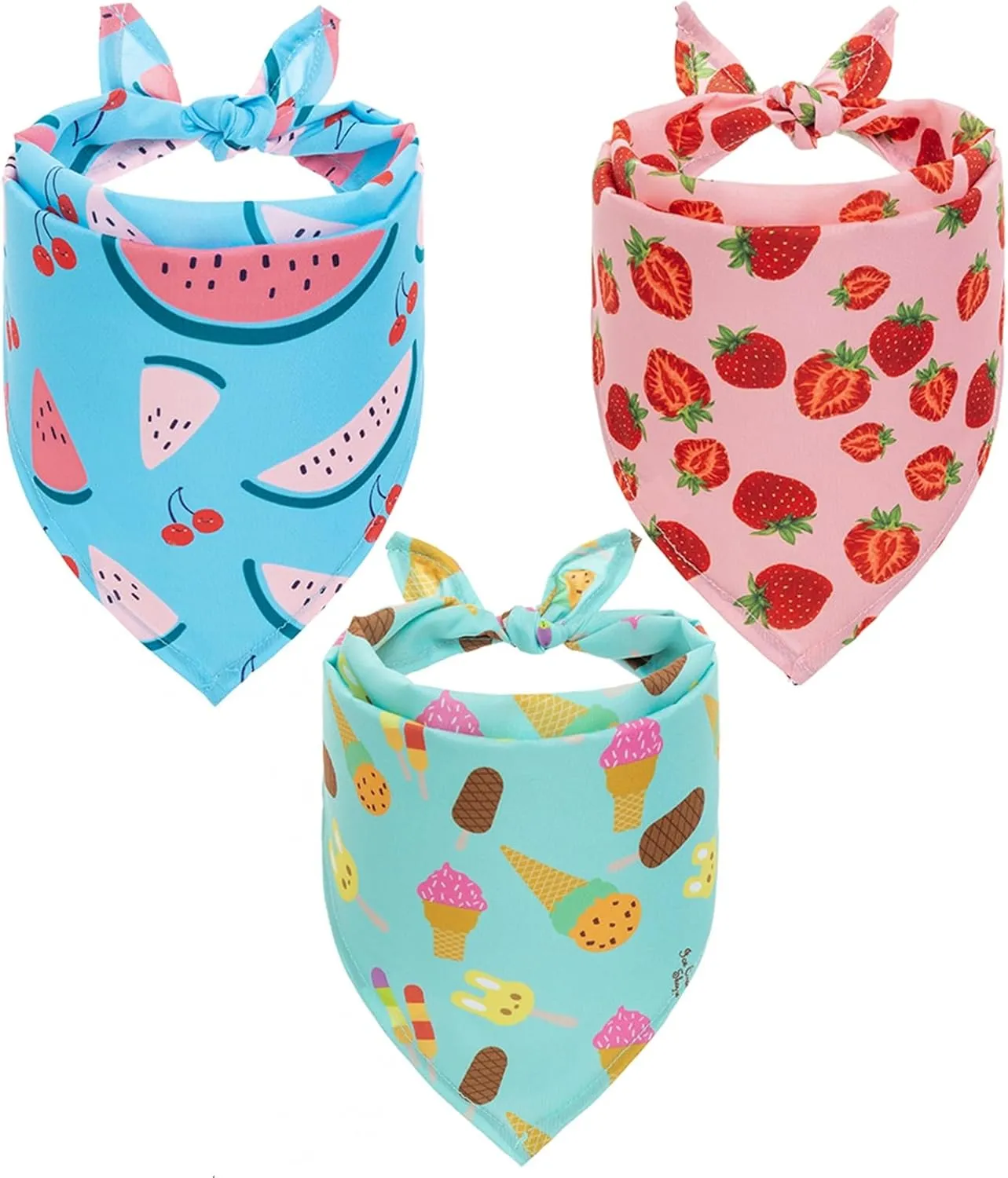 Hawaii Dog Bandanas 3 Pack - Cute Fruit Print Dog Summer Soft Triangle Scarf Bibs, Durable Pet Kerchiefs Accessories for Dogs Cats Spring, Ice Cream Strawberry Watermelon
