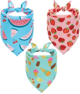 Hawaii Dog Bandanas 3 Pack - Cute Fruit Print Dog Summer Soft Triangle Scarf Bibs, Durable Pet Kerchiefs Accessories for Dogs Cats Spring, Ice Cream Strawberry Watermelon