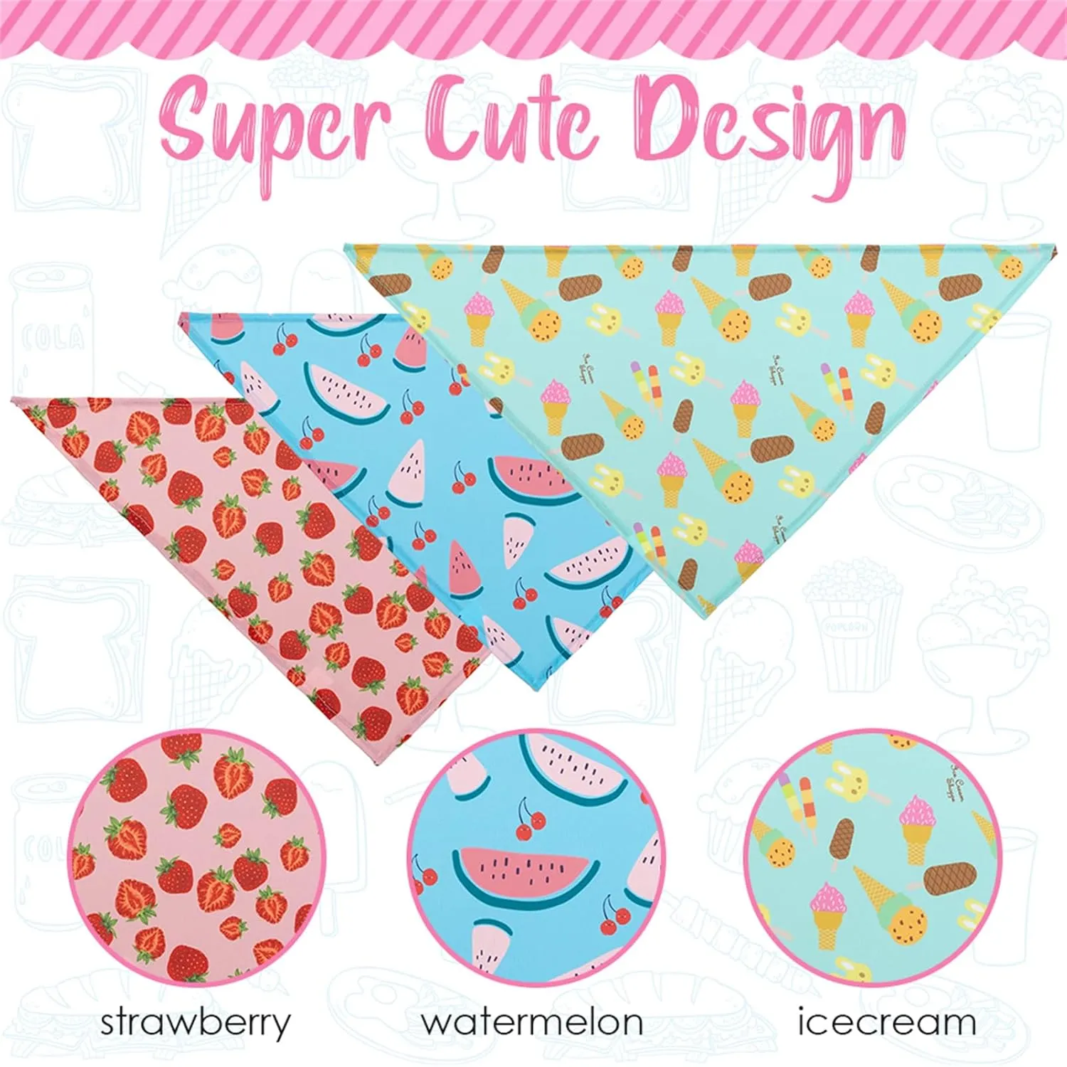 Hawaii Dog Bandanas 3 Pack - Cute Fruit Print Dog Summer Soft Triangle Scarf Bibs, Durable Pet Kerchiefs Accessories for Dogs Cats Spring, Ice Cream Strawberry Watermelon