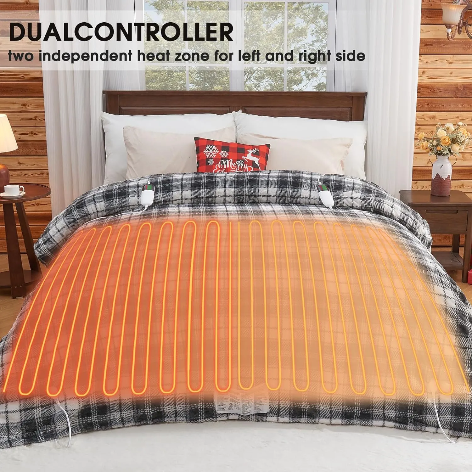 Heated Electric Blanket, Queen Size 84X90, 10 Heating Levels, 8 Hours Auto Off, Dual Control for Bed, Plaid Checkered Sherpa Warmer for Adults, Fast Heating, ETL, Black