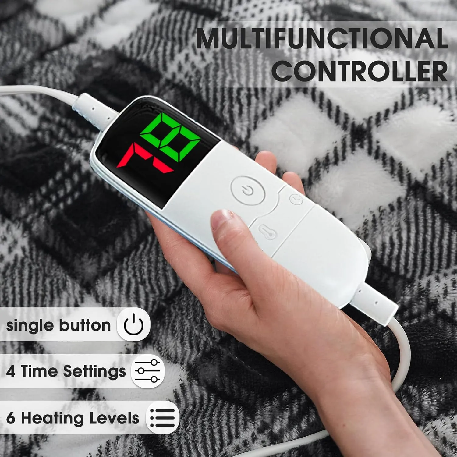 Heated Electric Blanket, Queen Size 84X90, 10 Heating Levels, 8 Hours Auto Off, Dual Control for Bed, Plaid Checkered Sherpa Warmer for Adults, Fast Heating, ETL, Black