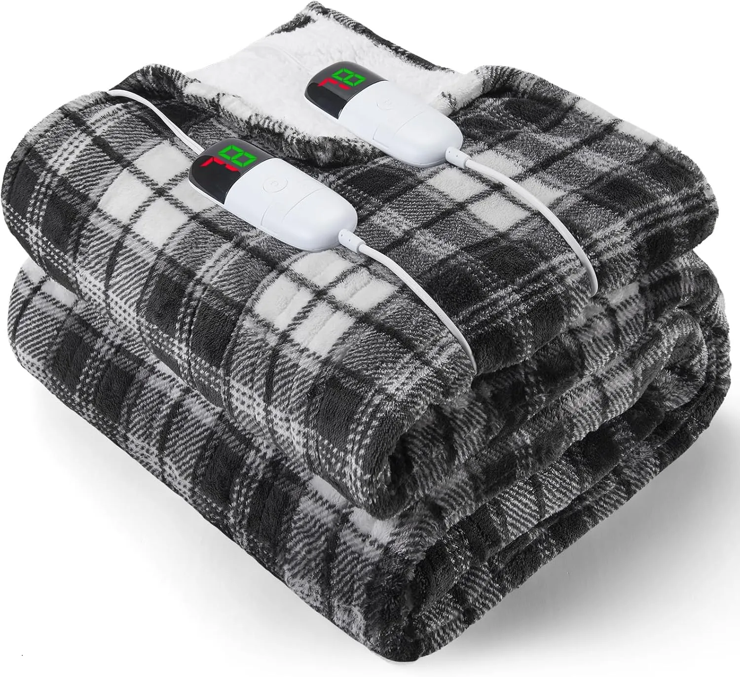 Heated Electric Blanket, Queen Size 84X90, 10 Heating Levels, 8 Hours Auto Off, Dual Control for Bed, Plaid Checkered Sherpa Warmer for Adults, Fast Heating, ETL, Black
