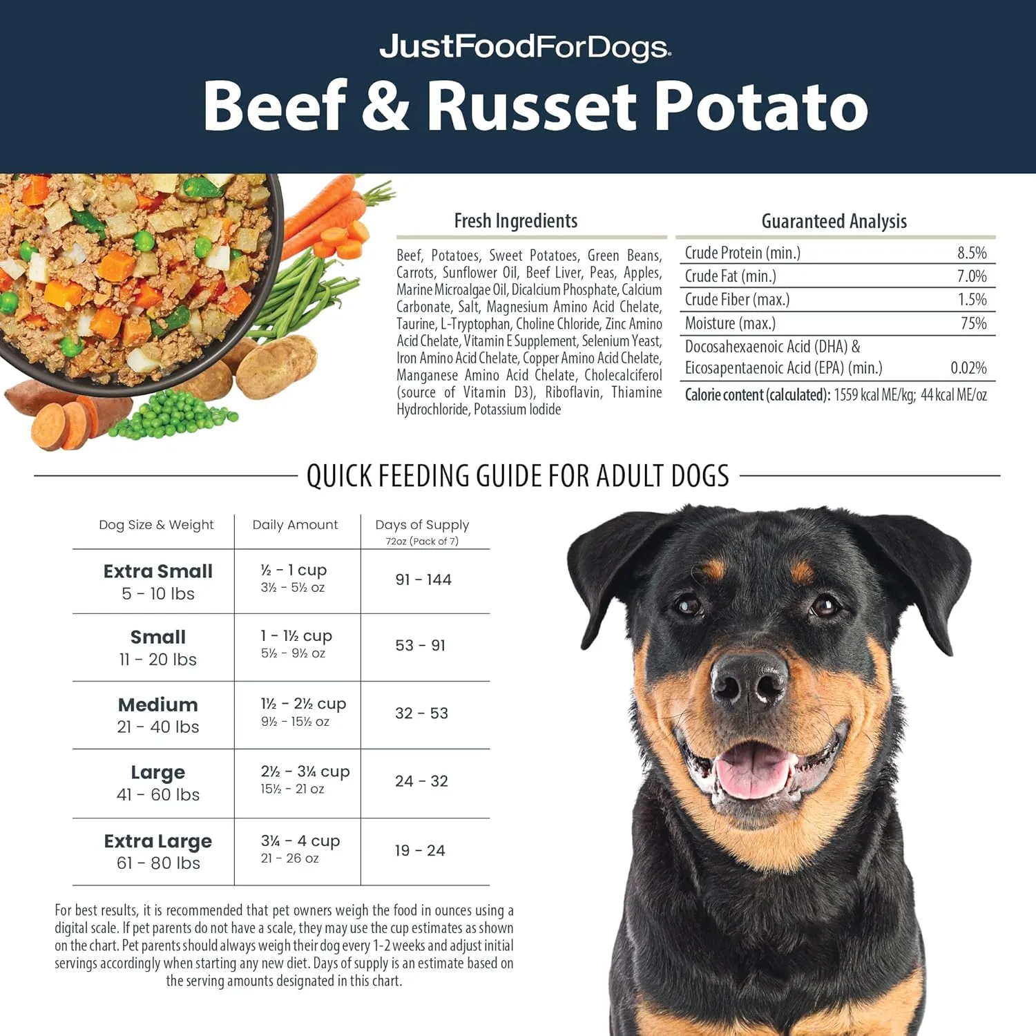 JustFoodForDogs Frozen Fresh Dog Food, Complete Meal or Topper, Beef & Russet Potato Human Grade Recipe, 18 oz (Pack of 7)