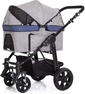 Large Medium Cat Dog Cage Travel Folding Carrier Trolley Max 25kg Front Swivel Wheels Pet Stroller with Adjustable Handle Gray (Gray)