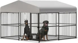 Large Outdoor Dog Kennel, 10 x 10 x 6 FT Galvanized Metal Dog Cage,Heavy-Duty Dog Cage with Waterproof Roof & UV-Resistant Cover, Secure Lock, Feeding Door for Medium/Large Dogs