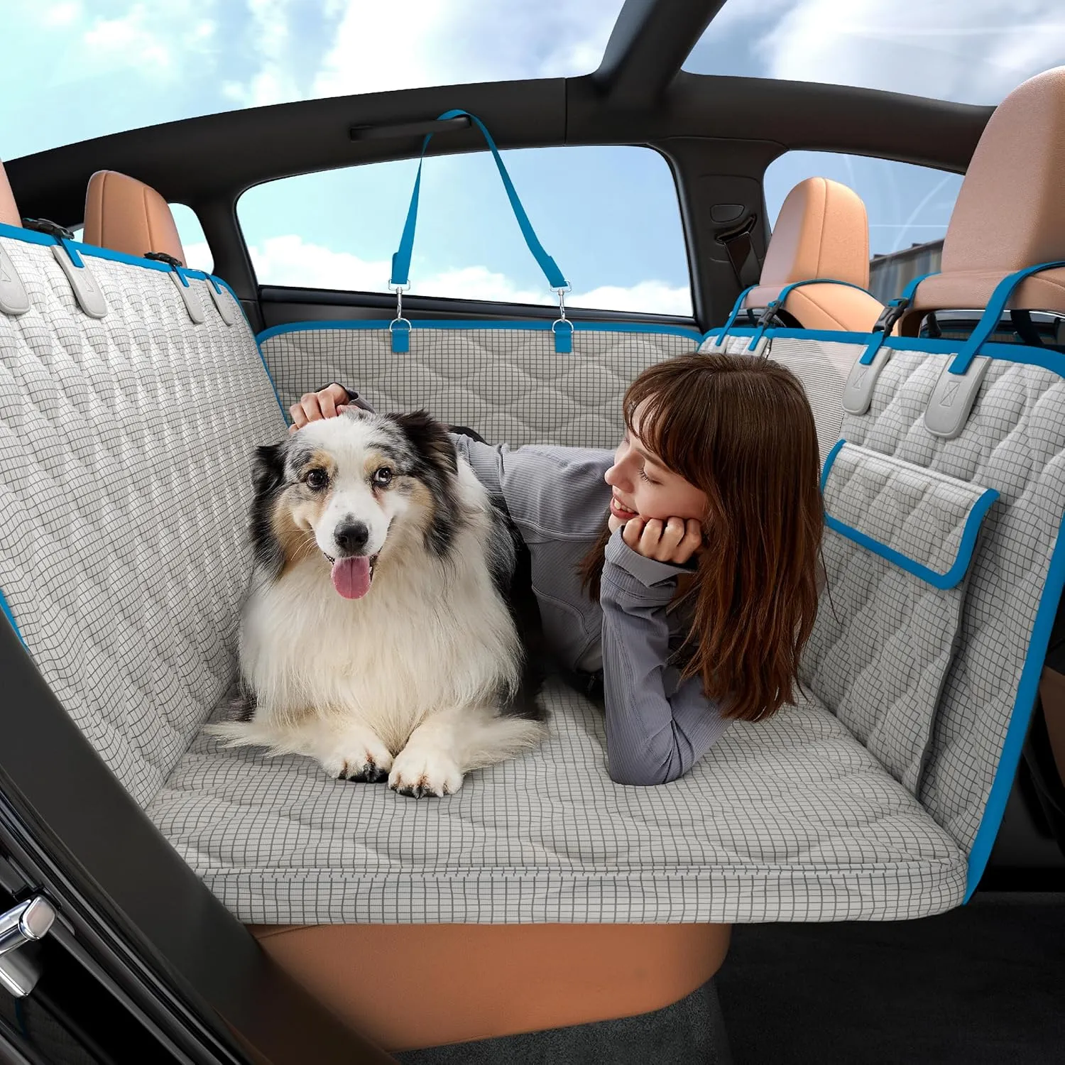 Lesure Dog Car Seat Cover for Back Seat with Hard Bottom, Pet Back Seat Extender with Supportive Egg Crate Foam, Waterproof Non-Slip Dog Hammock for Car, Truck, SUV, Nacreous Clouds