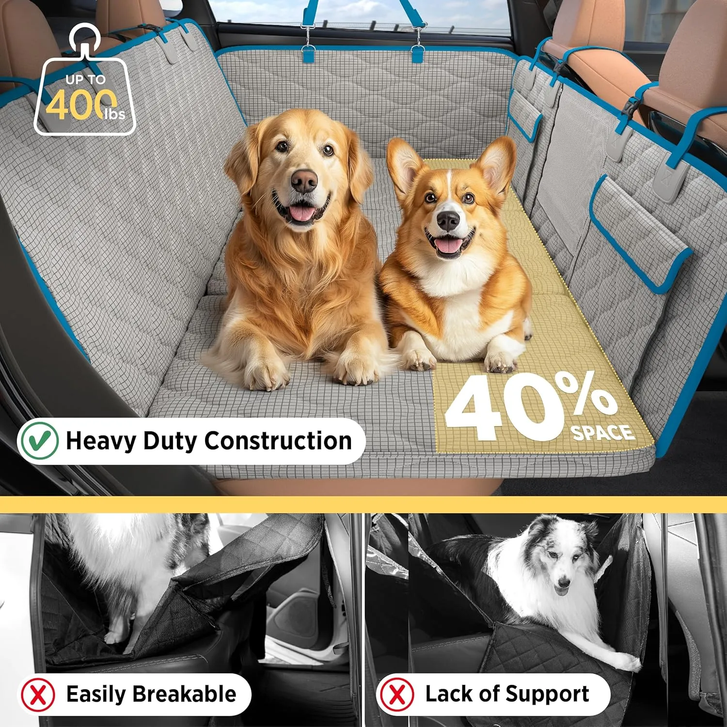 Lesure Dog Car Seat Cover for Back Seat with Hard Bottom, Pet Back Seat Extender with Supportive Egg Crate Foam, Waterproof Non-Slip Dog Hammock for Car, Truck, SUV, Nacreous Clouds