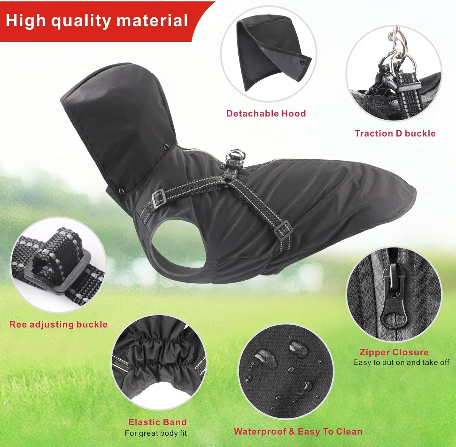 Mosucoirl Dog Raincoat Waterproof Dog Hoodie Reflective Dog Raincoat Hooded Adjustable Rain Jacket for Small Medium Large Dogs Puppies (Black, L)