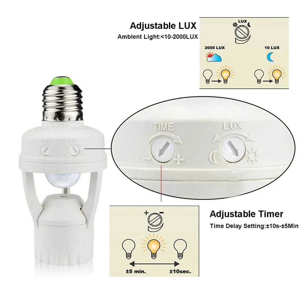 Motion Sensor Light Socket, PIR Motion E26 Screw Bulb Adapter, Adjustable Auto On/Off Night Light Control, Garage Light, for Basement, Pantry Room, Storage Room, Garage Light