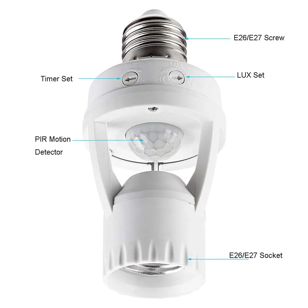 Motion Sensor Light Socket, PIR Motion E26 Screw Bulb Adapter, Adjustable Auto On/Off Night Light Control, Garage Light, for Basement, Pantry Room, Storage Room, Garage Light