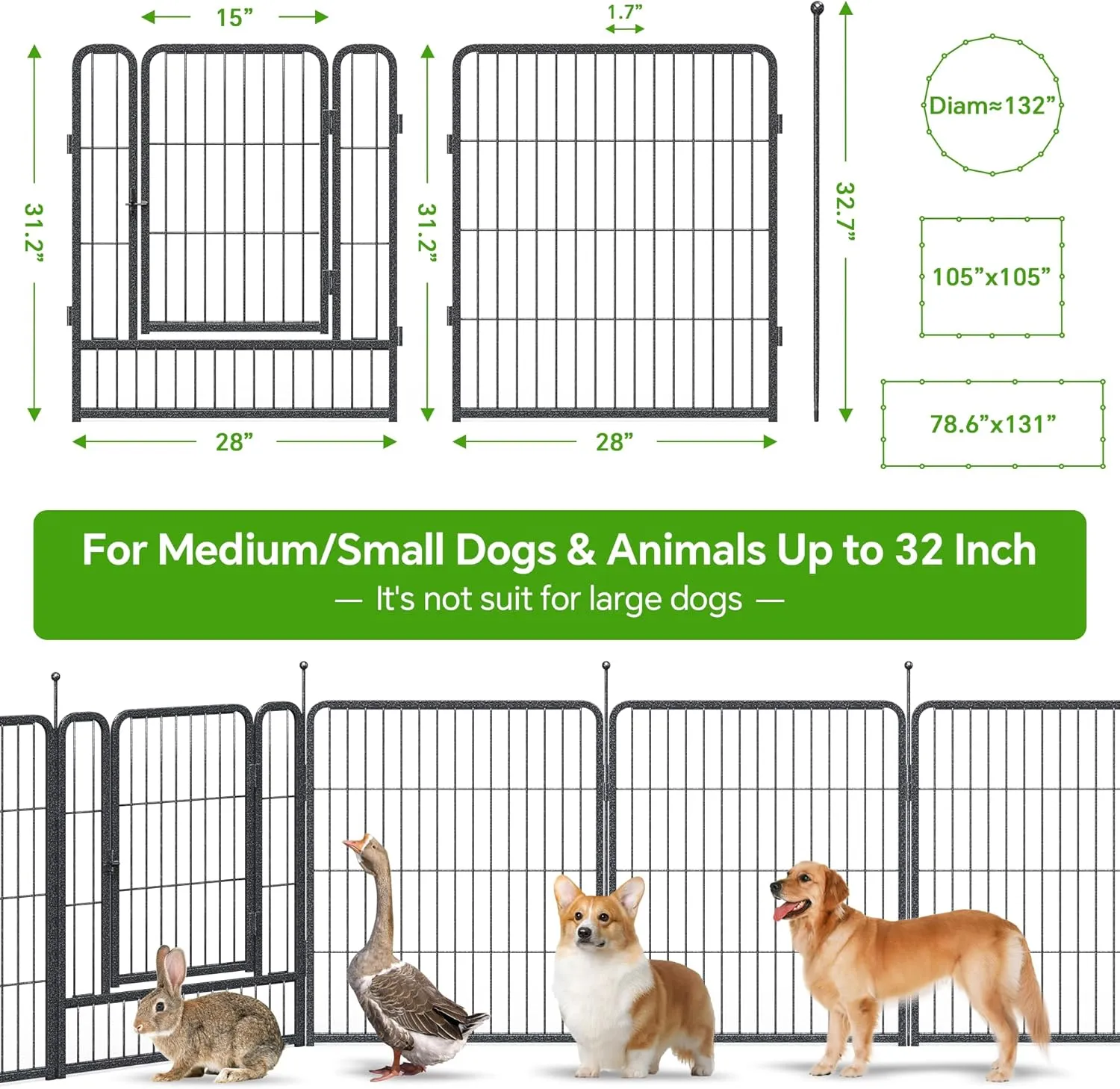 Mr IRONSTONE Dog Playpen with Anti-Rust Coating  32" Height 16 Panels Portable & Foldable Indoor/Outdoor Pet Fence for Large, Medium, or Small Dogs  Durable Exercise Pen